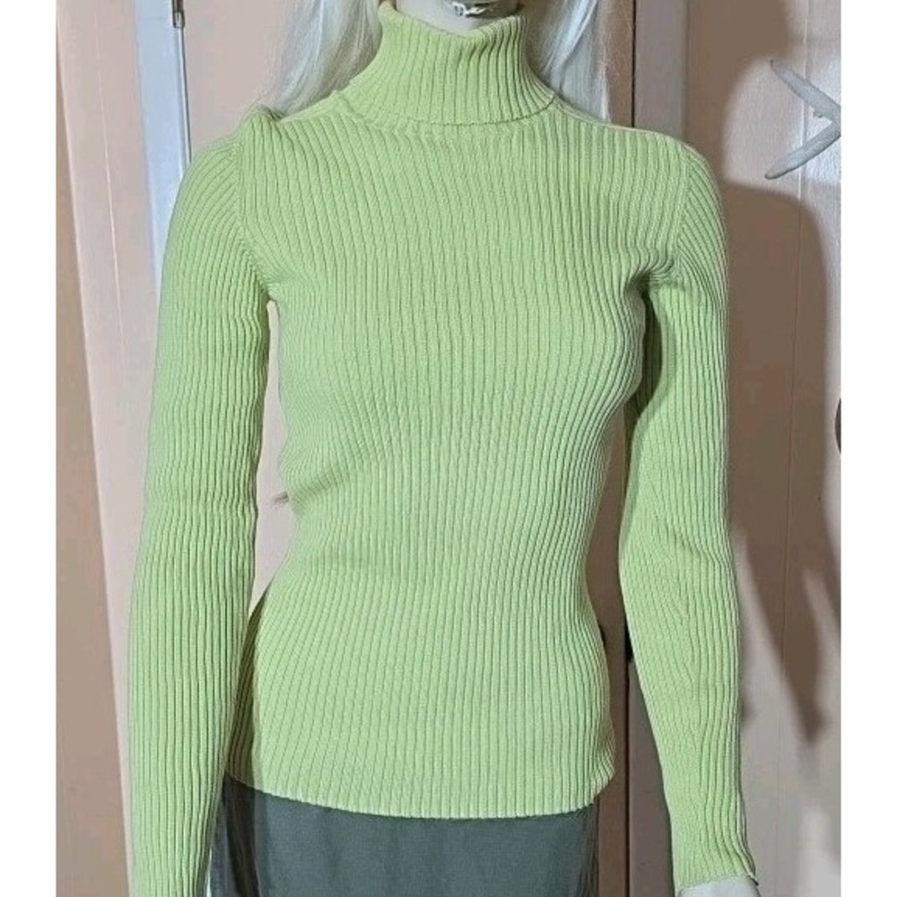 Vintage Y2K Fitted Ribbed Women Turtleneck XS Green Classic Preppy Officecore